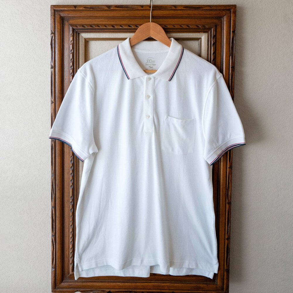 J. Crew Men’s Sz Large White Piqué Stretch Polo Short Sleeve Pocket Shirt